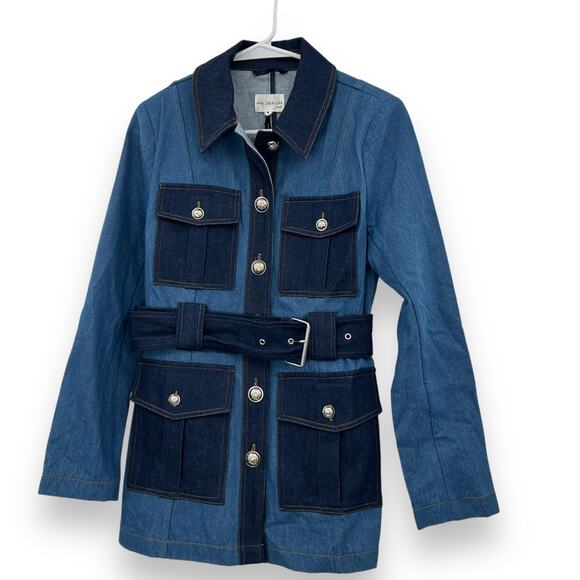NEW Avec Les Filles Denim Military Jacket Small Blue Jean Cargo Belted Blazer - Picture 5 of 16